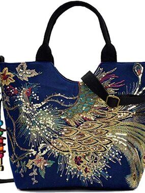 Women Vintage Sequins Peacock Handbag Ethnic Embroidery Purse